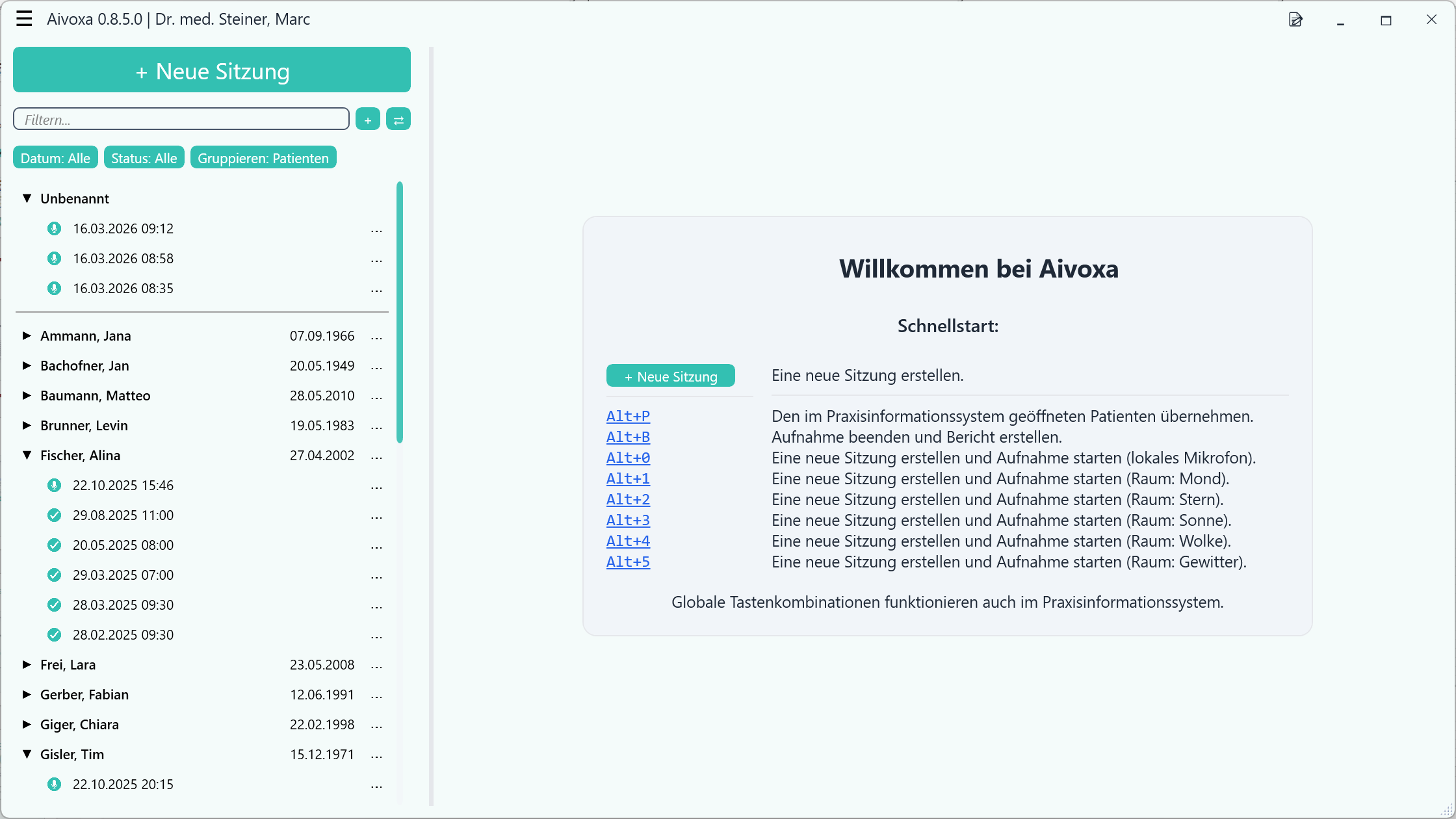 Aivoxa Sitzungsübersicht mit Patienten- und Sitzungsliste